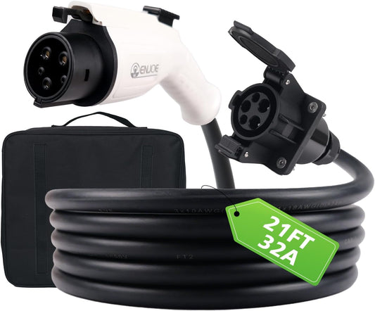 ENJOE EV Charger Extension Cable, 32Amp, 110V-240V 21ft Extension Cord for Electric Vehicle Charging Stations, Carrying Bag, EV Charging Extension Cable