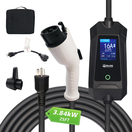 Level 1 & 2 EV Portable Charger up to 16Amp, 110V / 240V with 25ft Type1 J1772 Cable, NEMA 5-15 & 6-20 Plug Indoor/Outdoor EVSE, Home/Travel Electric Car Charging Station