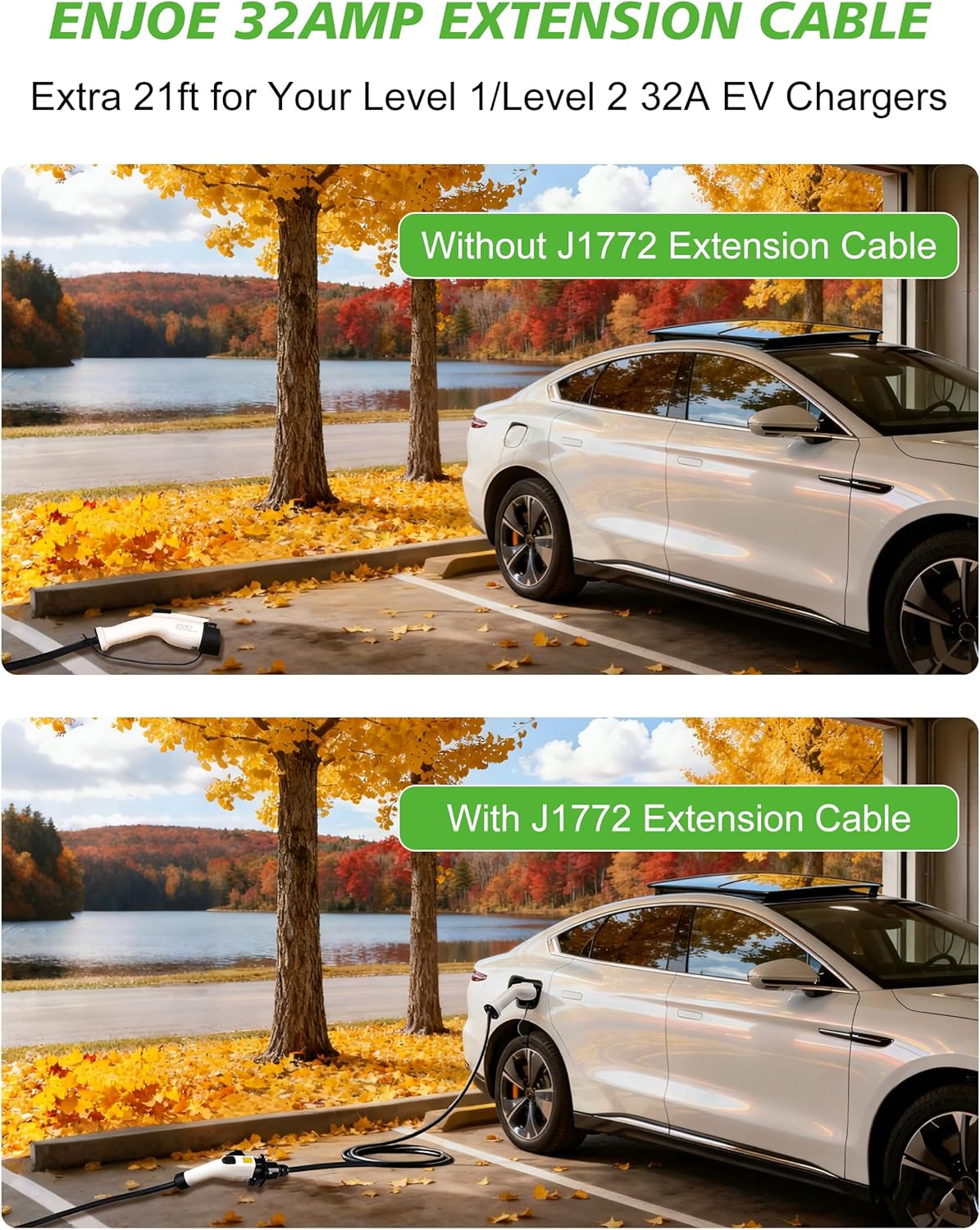 ENJOE EV Charger Extension Cable, 32Amp, 110V-240V 21ft Extension Cord for Electric Vehicle Charging Stations, Carrying Bag, EV Charging Extension Cable